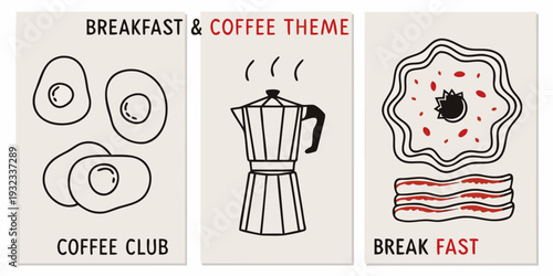 Breakfast and coffee themed illustrations in a vertical storyboard format