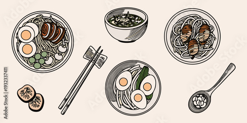 An artistic illustration of various noodle soup bowls and accompanying items