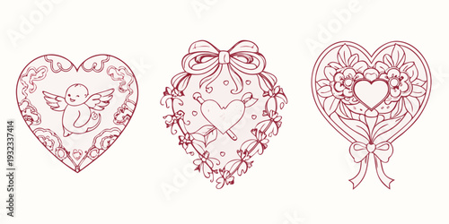 Three ornate heart illustrations with floral and cherubic details