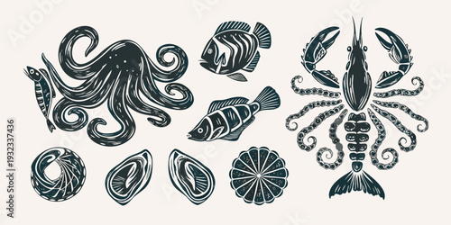 Vintage style illustration of various seafood creatures and shells