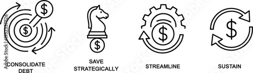 Financial strategy icons set with consolidate debt streamline sustain save vector illustration collection