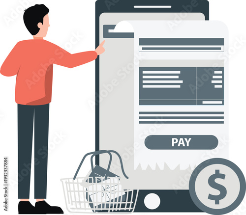 Boy is pointing to online shopping services.