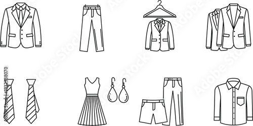 Formal and casual clothing line icons set with suit dress shirt accessories vector illustration collection