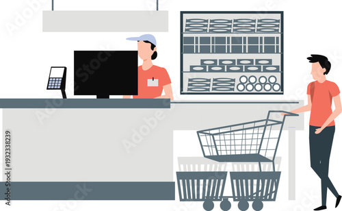 The boy at supermarket paying and purchasing grocery