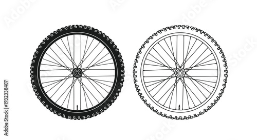 Two bicycle wheels in a simple black and white line drawing