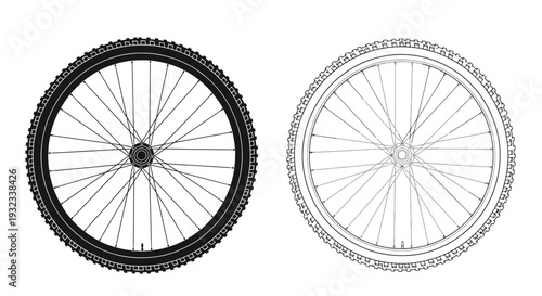 Two bicycle wheels depicted in detailed black and white line drawings