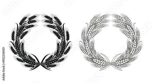 Two symmetrical wheat wreaths one solid black and one with hatching