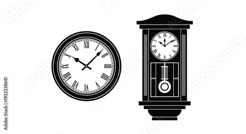 Two black and white clocks a wall clock and a grandfather clock
