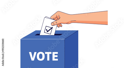 A hand inserting a ballot into a blue voting box with a checkmark
