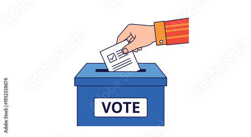 A hand inserting a ballot into a blue voting box with vote written on it