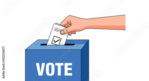 A hand inserting a ballot into a blue voting box labeled vote
