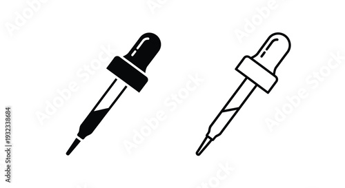 Two black and white illustrations of dropper bottles differing in fill