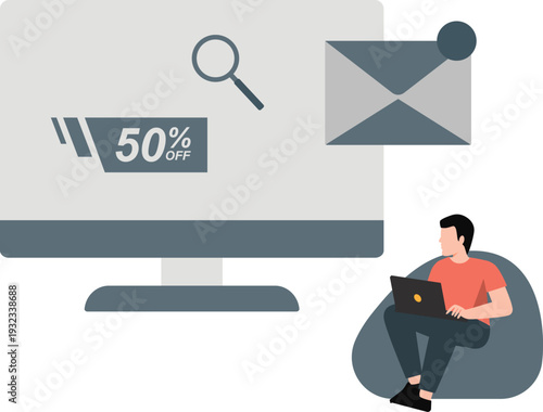 The boy is searching 50% discount offer.