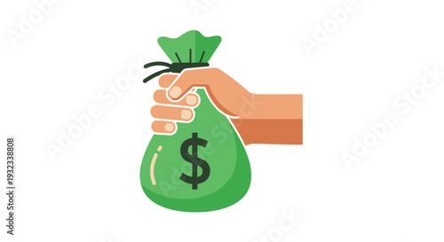 A hand holding a green bag with a dollar sign representing money