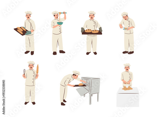 Baker at Work Making Bread and Pastries Illustration Set