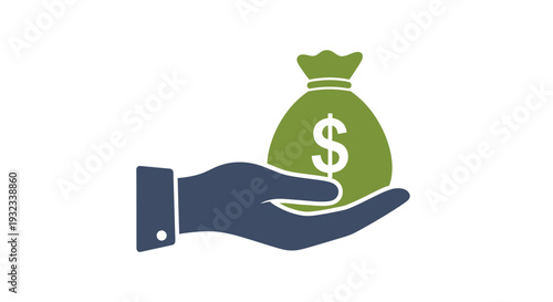 A hand presenting a green money bag with a dollar sign