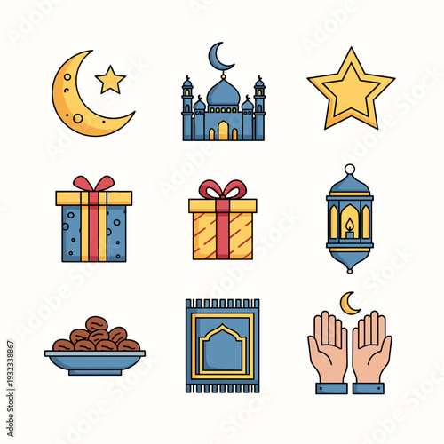 Ramadan and Eid Al Fitr Islamic Festival Holiday Icons Set