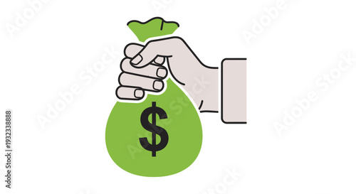 A hand firmly gripping a green bag containing a dollar sign