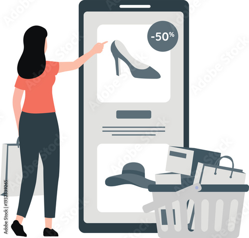 Girl pointing at 50% online shopping on shoes.