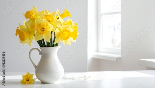 A white vase overflowing with bright yellow trumpet-shaped blooms sits on a bright, minimalist surface by a sunlit window