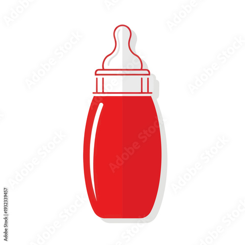 Simple Red Baby Bottle Icon with Nipple and Cap, Isolated on White Background