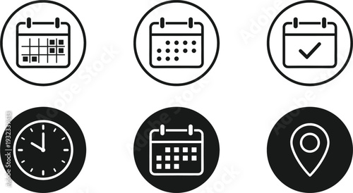 Calendar and time management line icons set with clock and location pin modern vector illustration collection