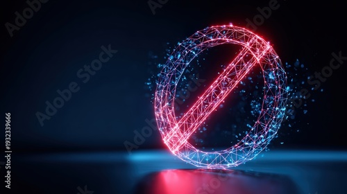 A vibrant prohibition symbol in a digital realm, the glowing sign of restriction illuminated in futuristic, vibrant colours. ..Created with Generative AI, not depicting real subjects.