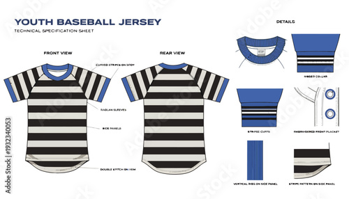 Detailed youth baseball jersey design with technical specifications
