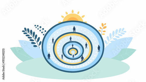 Team unity concept with people standing on circular paths