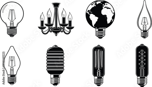 Black and white illustrations of diverse light bulbs and fixtures, including incandescent, chandelier, flame, fluorescent, and tubular designs
