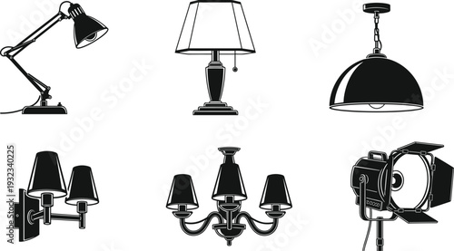 Black and white illustrations of diverse lighting fixtures including desk lamp, table lamp, pendant, sconce, chandelier, and studio light