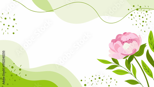 Beautiful pink peony flower with green leaves on abstract background