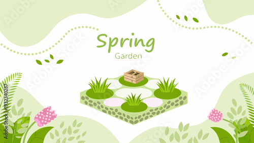 Vibrant spring garden scene with raised bed and lush greenery