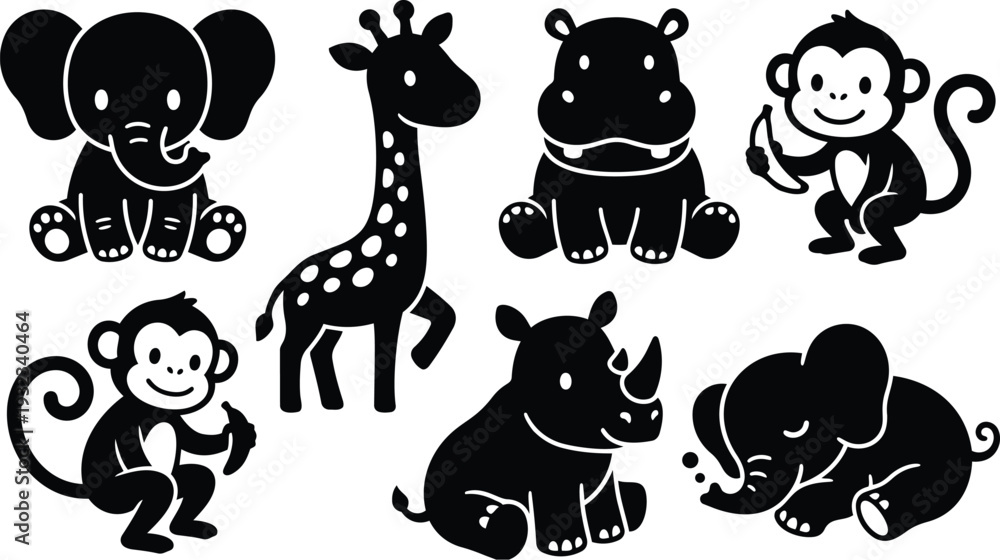 Fototapeta premium Cute flat design baby safari animals sitting and smiling elephant giraffe monkey rhinoceros hippopotamus in black silhouette facing forward vector mockup png svg with banana icon