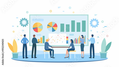 Business team analyzing data on large screen in modern office