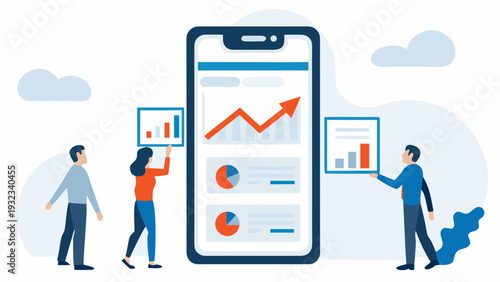 Business team analyzing data on large smartphone screen with graphs
