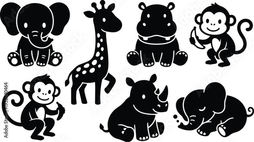 Cute flat design baby safari animals sitting and smiling elephant giraffe monkey rhinoceros hippopotamus in black silhouette facing forward vector mockup png svg with banana icon