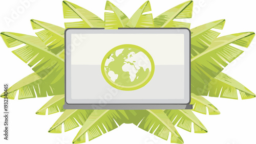 Laptop with green earth globe on screen surrounded by tropical leaves