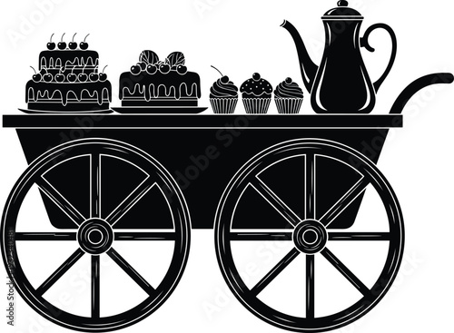 Black and white silhouette illustration of dessert cart with cakes, cupcakes, fruit-topped pastry, and teapot on large spoked wheels