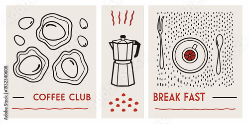 Minimalist breakfast themed illustrations with coffee eggs and cutlery