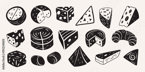 Black and white illustration of various cheese types and a croissant