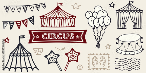 A whimsical collection of hand drawn circus elements and festive decorations