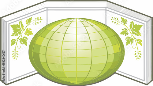 Green globe with leafy vines in modern architectural frame