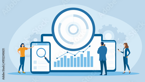Business professionals analyzing data on large screens with magnifying glass