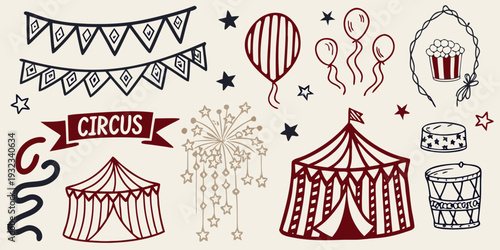 A colorful circus illustration featuring balloons tents and festive decorations