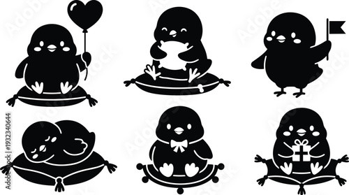 Cute chick icon set six playful bird silhouettes on cushions holding balloon flag gift and heart flat vector art close up simple composition kawaii minimal design