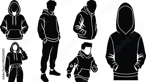 Minimalist monochrome vector hoodie silhouettes full body and cropped close up side view of youth wearing hooded sweatshirt with hands in pockets front back profile poses