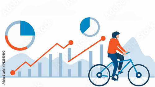 Businesswoman riding bicycle with rising charts and graphs