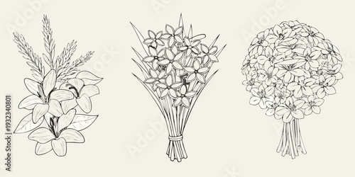 Elegant botanical line art featuring three distinct flower arrangements