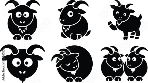 Cute flat design goat icon set showing smiling waving and sleeping goat faces in side and front view black silhouettes on white background minimalist vector art